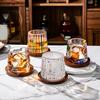 Spinning Whiskey Glass with Wood Stand, Hand Painted Rotating Tumbler for Bar, Stress Relief Desk Toy Gift