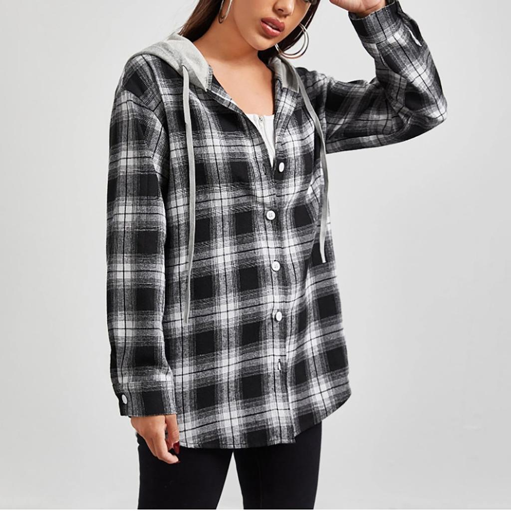 Fashion Women's Temperament Plaid Single-breasted Cardigan Hooded Long Sleeve Shirt