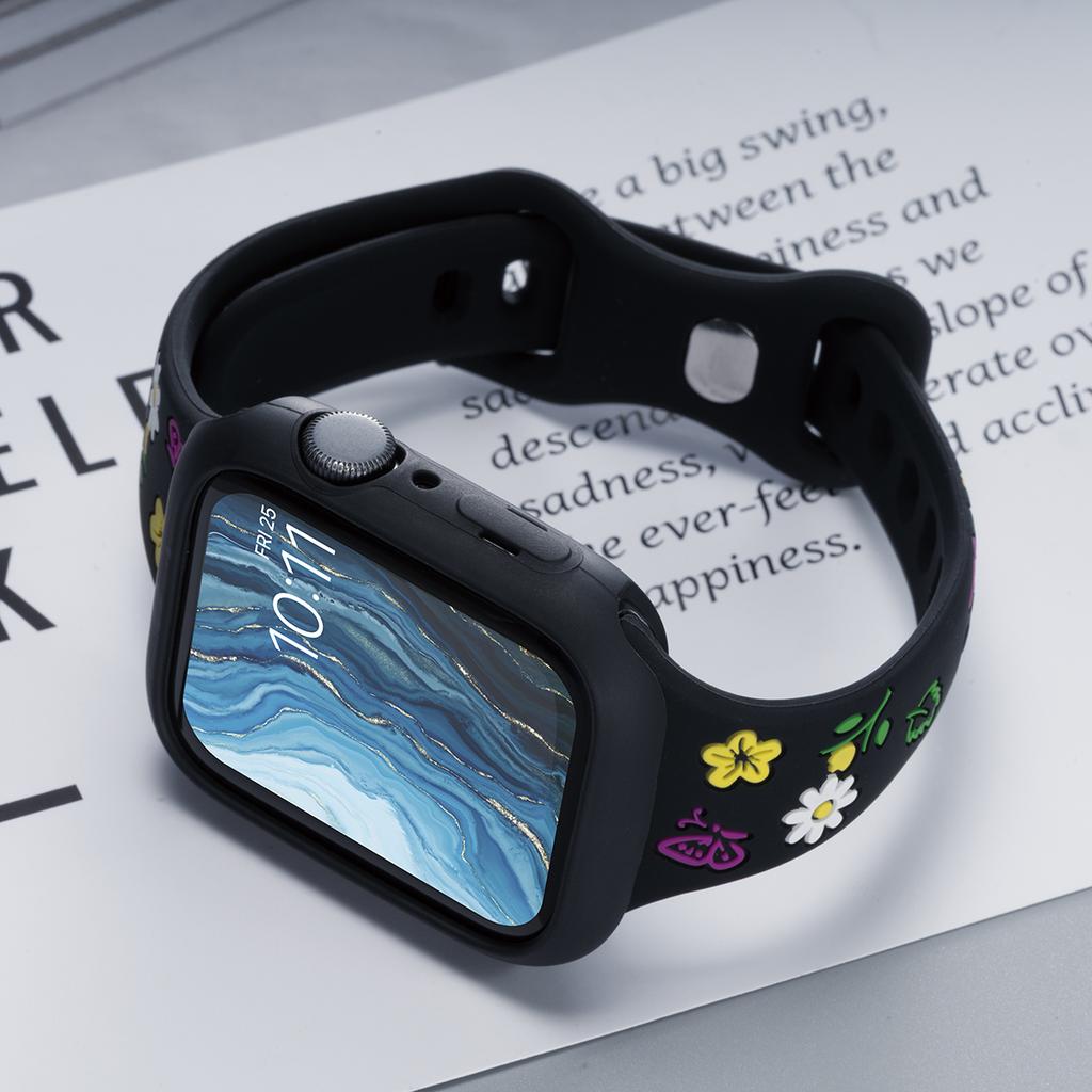 Cute Color Flowers Silicone Strap Case For Apple Watch 42mm 46mm 44 40mm 49 45 38 41mm Girl Slim Band For Iwatch 10 9 8 SE 7 6 5