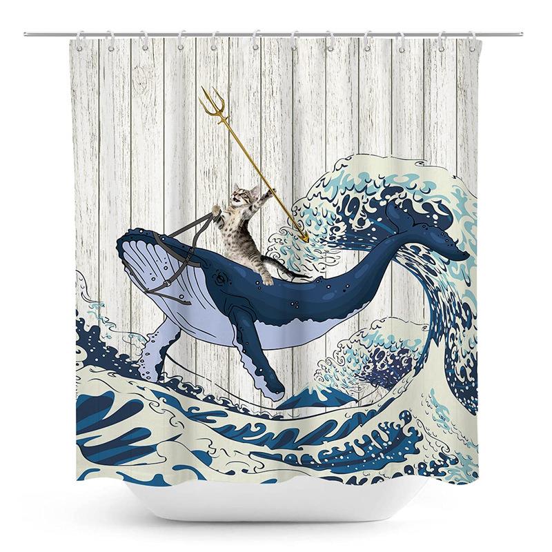 Pirate Cat Riding Shark Shower Curtain Funny Space Galaxy Rainbow Waterproof Fabric Bath Curtain With Hooks For Bathtub Decor