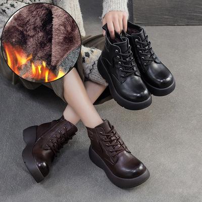 Botas Cortas Cálidas de Felpa Cuero Genuino Punta Redonda Suela Gruesa Botas de Cuña para Mujer
