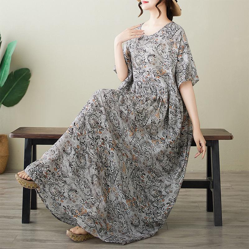 New Plus Size Short Sleeve Round Neck Printed Summer Dress Plus Size