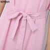 VONDA Summer Women Short Sleeve V Neck Solid Bandage Casual Long Maix Dress