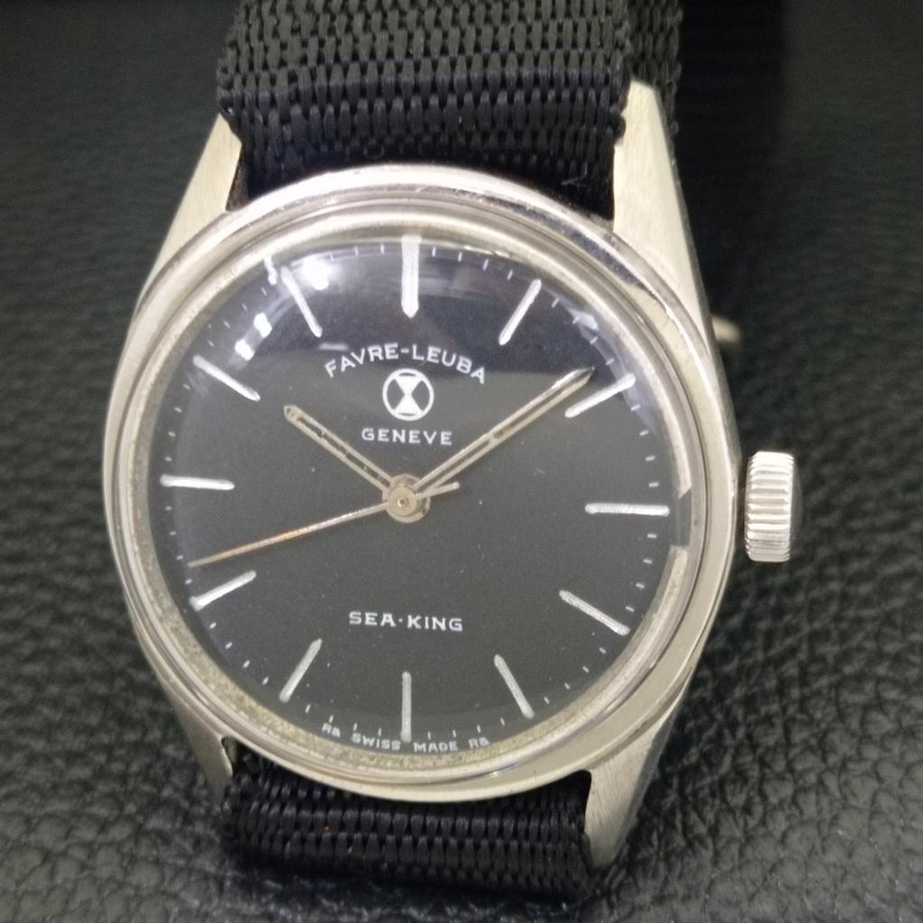 HAND-WINDING VINTAGE FAVRE LEUBA SEA KING SWISS MENS BLACK DIAL WATCH a703812-1 R213f-a703812