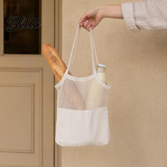 Breathable Shopping Bag Canvas Bag Mesh Splicing Design with Reinforced Picnic Carry Straps Grocery Tote for Fruits Vegetables Bread Snacks Strap
