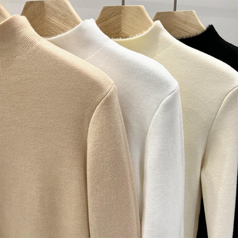 Autumn Half High Collar Slim Fit Warm Knitted Sweater Women Fashion Winter Thick Velvet Base Pullover Sweaters for Women Casual Plush Knitwears 24886