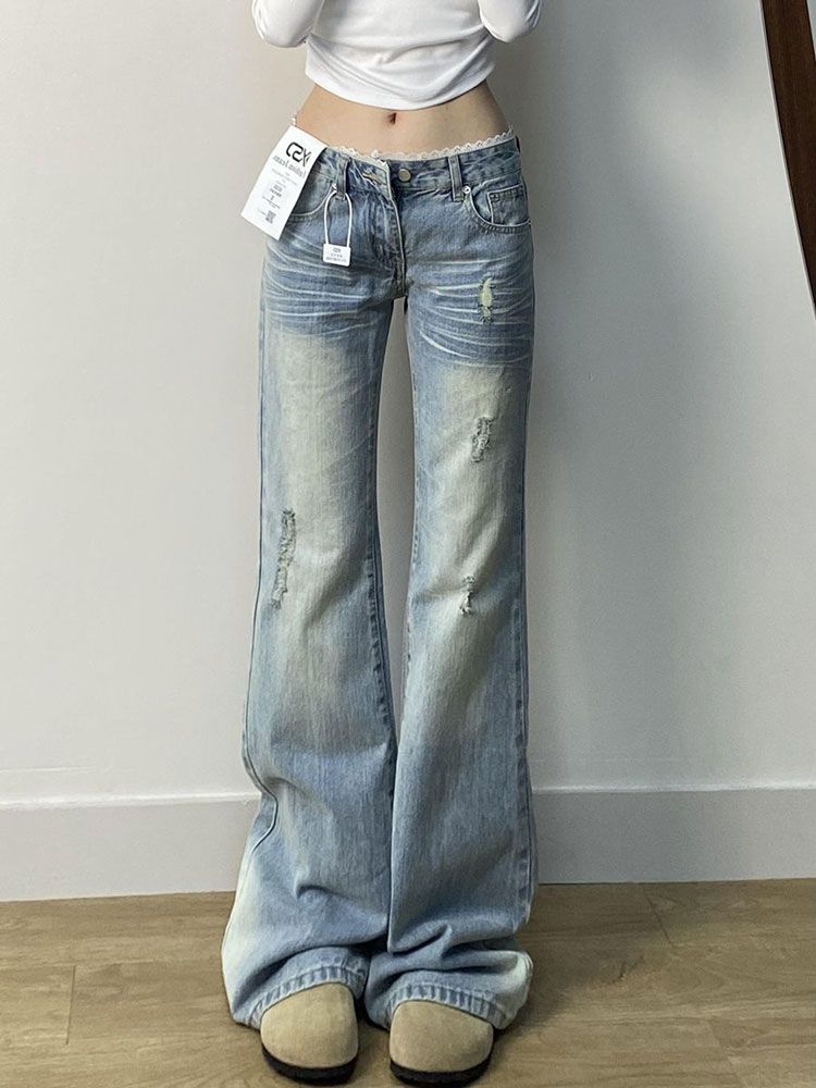 Sweet and Spicy Wind Broken Holes Micro-flare Jeans Women's Slim Large Yards High-waisted Skinny Horseshoe Trousers Jeans for Women Long Denim Pants