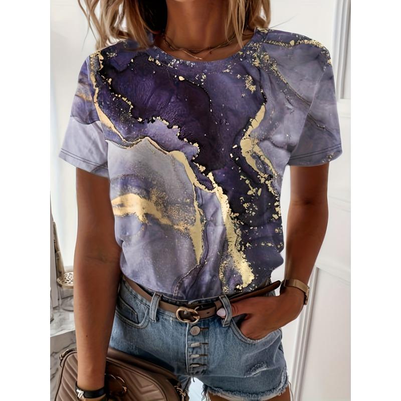Summer new women's fashionable water ripple 3D printed round neck short sleeved T-shirt casual women's base top