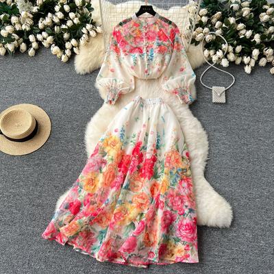 Women's Temperament Lantern Sleeve Buckle Slimming Top High Waist Printed Mesh Half-body Skirt Suit