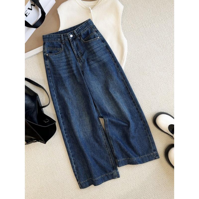 

Джинсы прямые девятиточечные с высокой посадкой и тонкие для женщин, маленькая осенняя новинка, универсальные брюки широкие от бедра S темно-синий