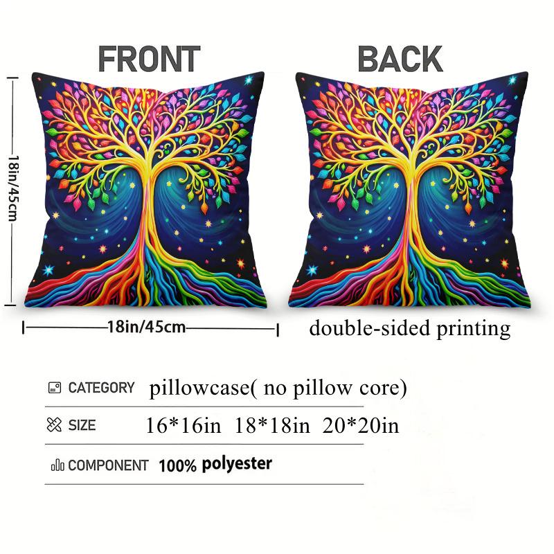 Colorful Tree Of Life Pillow Cover 2D Printed Polyester Sofa Cushion Case For Home, Beach & Camping Decor