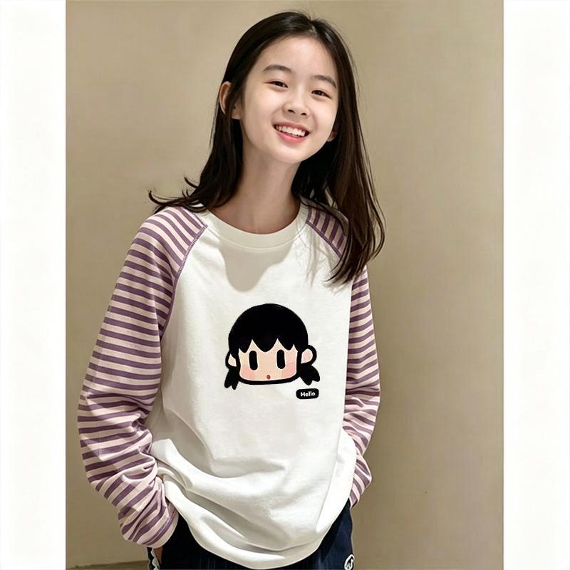 Girls' Korean Style Patchwork Striped Long-Sleeve T-Shirt—Trendy Color Block Base Layer for Spring and Autumn
