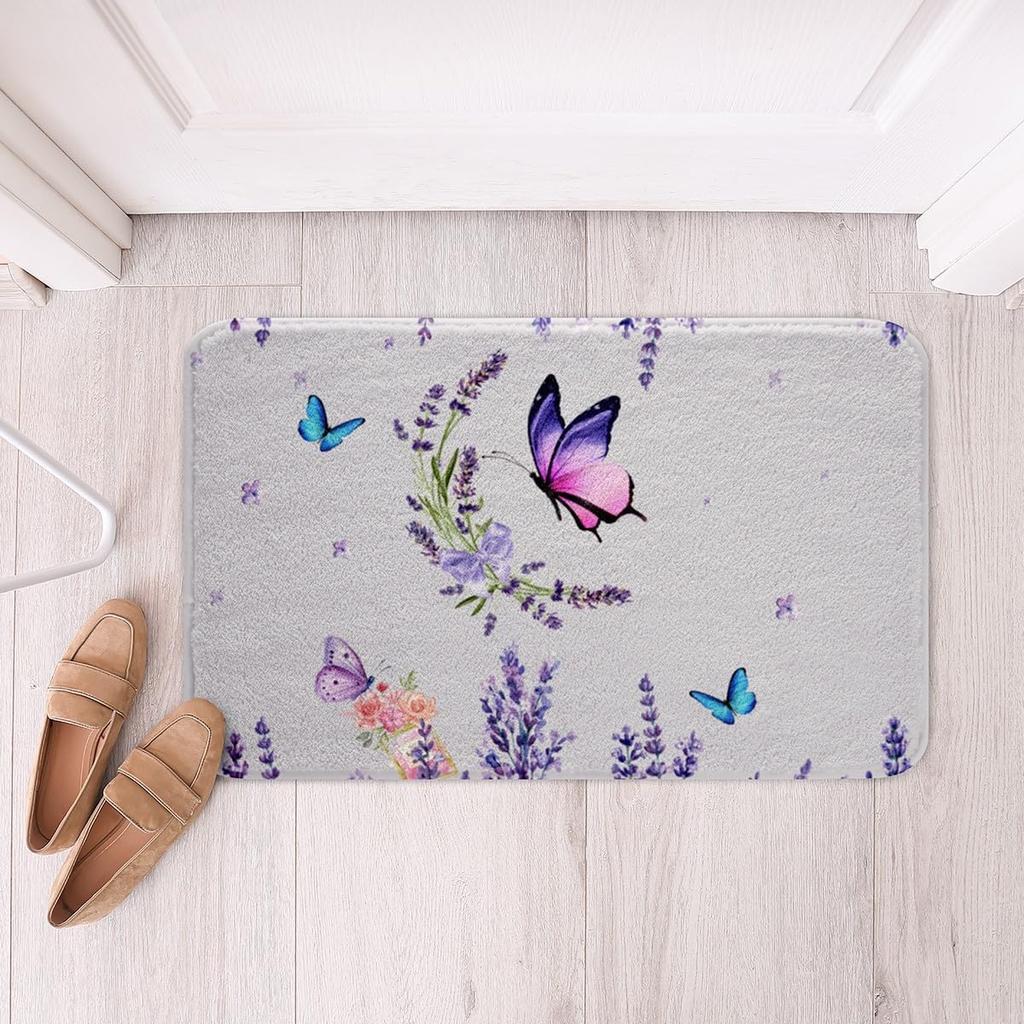 Purple Flowers Rug Watercolor Lavender Carpet Romantic Floral Doormat for Girls Teen,Wild Country Style Garden Flower Floor Mat