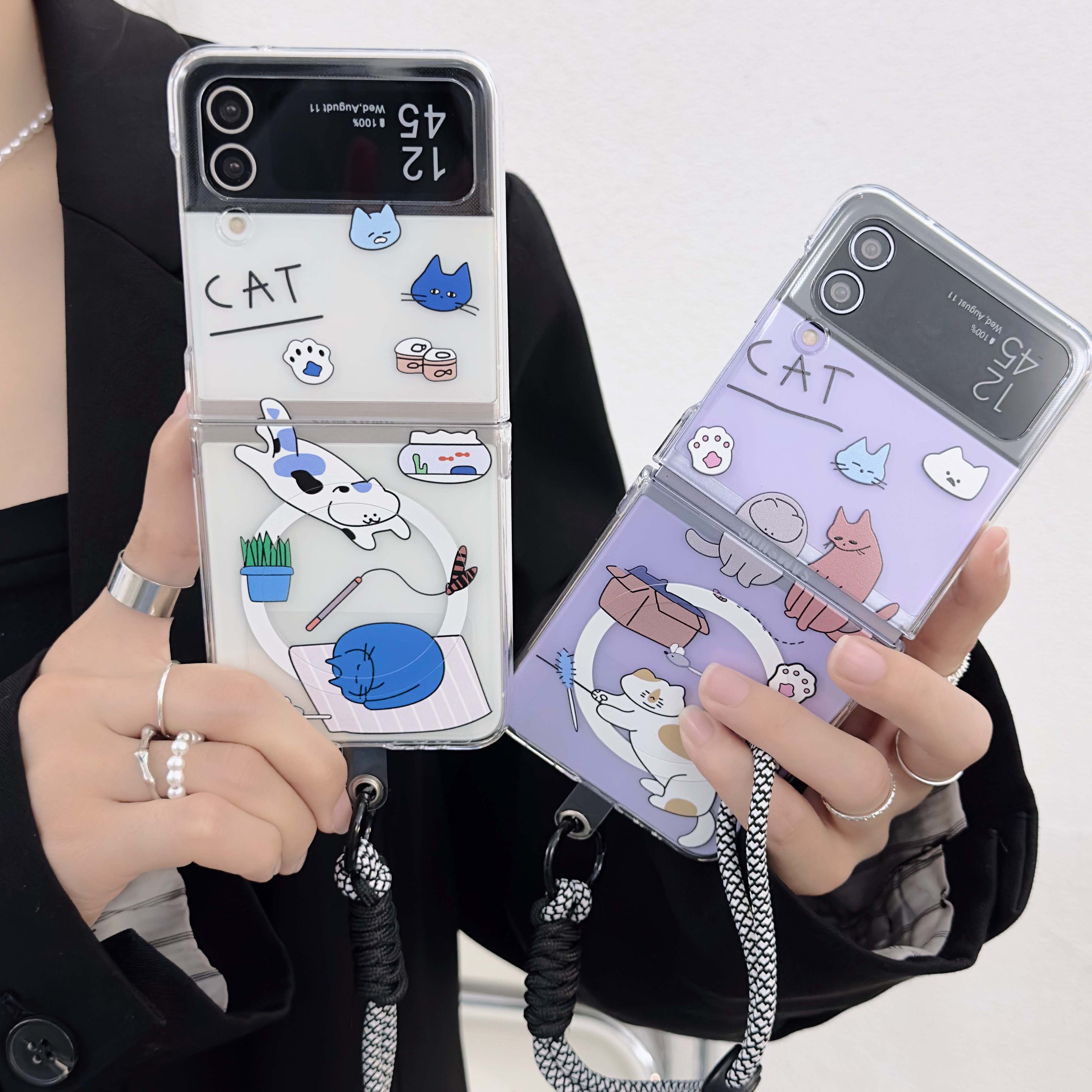 

Магнитная задняя крышка для Samsung Galaxy Z Flip 3 4 5g Ins Cat, чехол для телефона с рисунком животного, браслет 3 в 1 шт., жесткий Flip3 Flip4 Capa