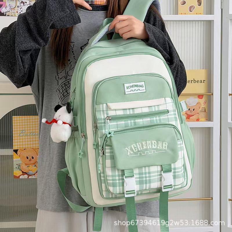Schoolbag new student schoolbag travel backpack plaid contrasting color college style middle school student multi-compartment backpack