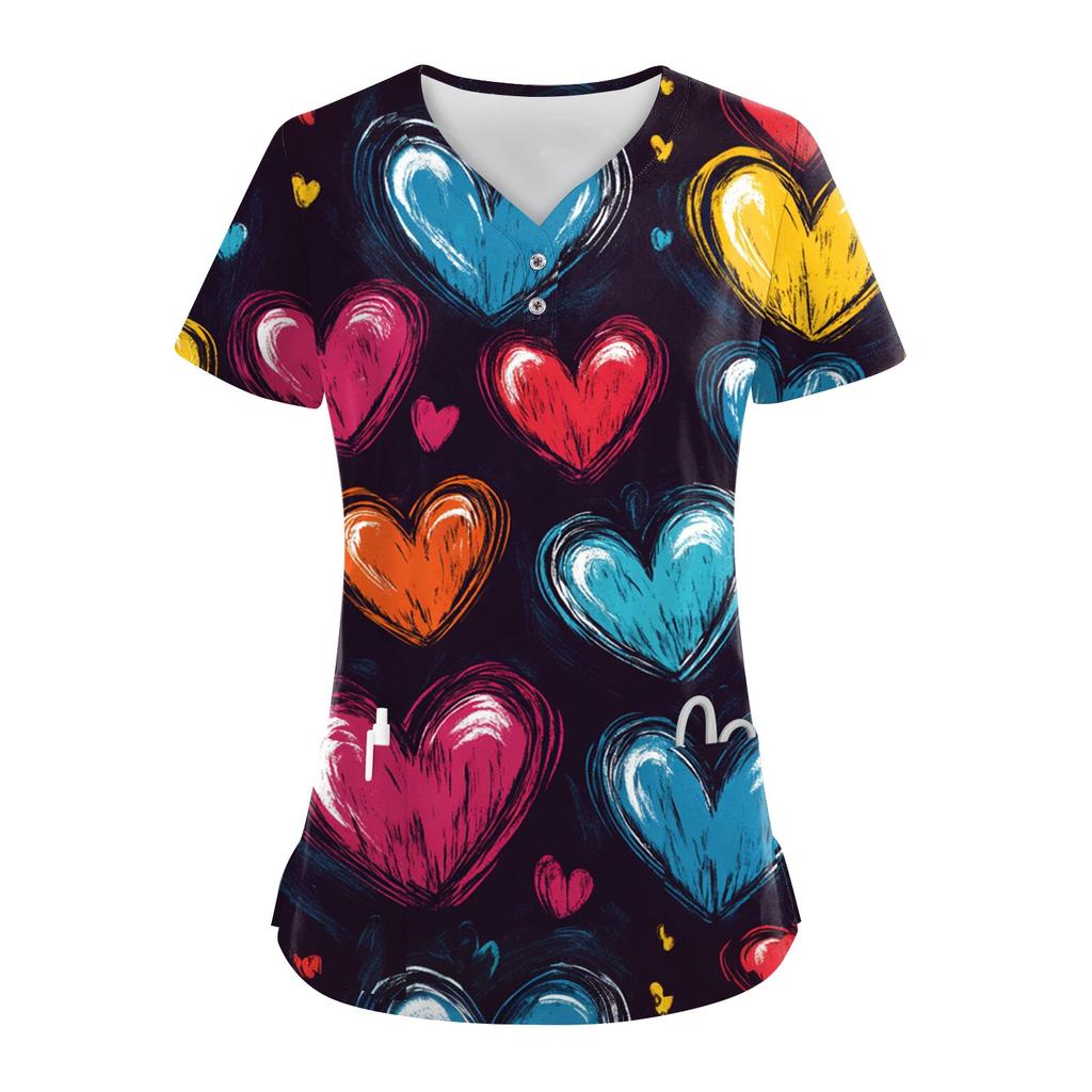 Damen-Oberteil mit Knopfleiste und V-Ausschnitt, modisch, lässig, mit Weihnachts- und Valentinstags-Print, Top für Krankenschwestern, Kasacks für Damen, 2 Taschen