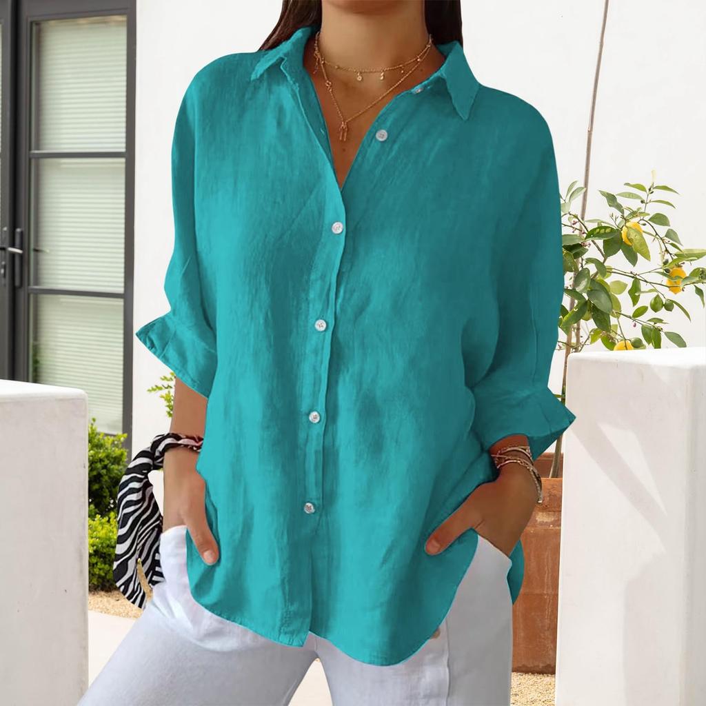 Damen Modisches, einfarbiges, lässiges Spitzen-Shirt mit 3/4-Ärmeln und Revers auf der Rückseite