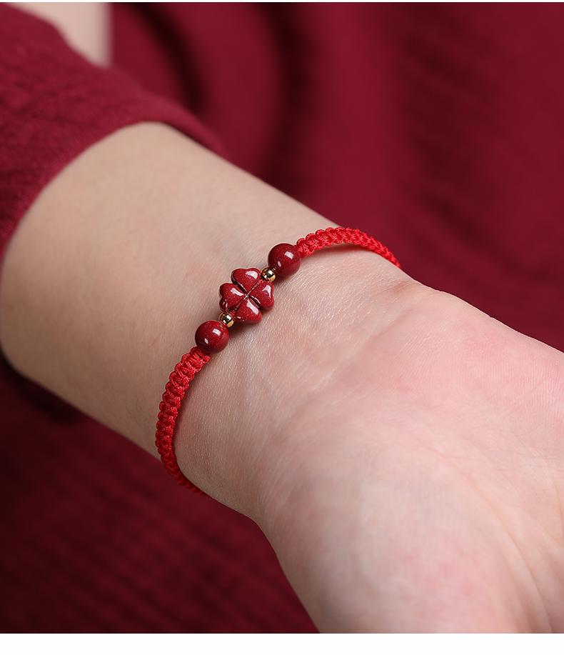 Authentic Cinnabar Four-Leaf Clover Bracelet with Purple Gold Sand and Red Rope for Women and Children