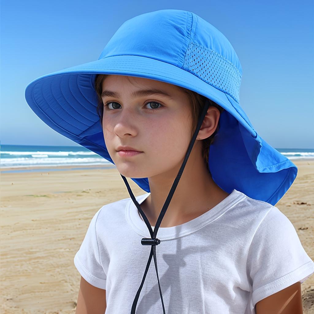 Children's Outdoor Wide-Brim Neck-Protection Hat, Breathable Mesh Sun Hat with Windproof Cord, Beach Play Hat