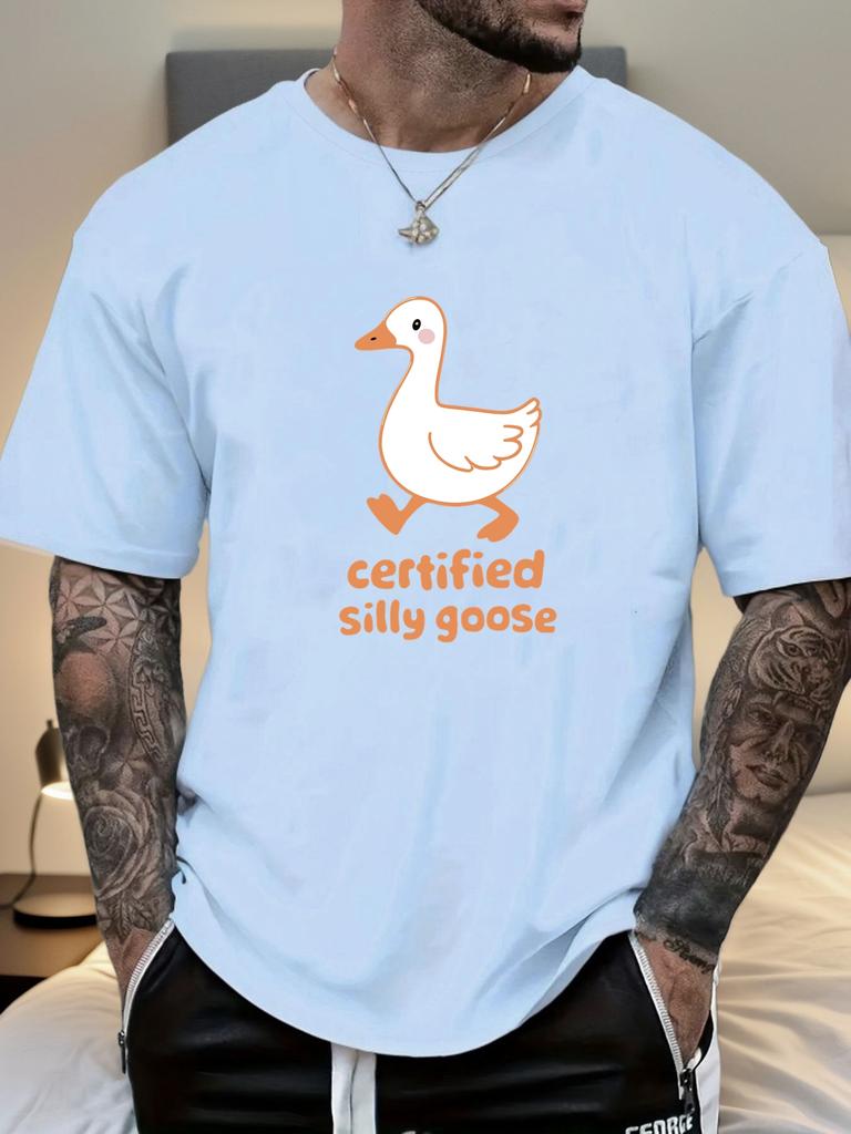 Mens Casual Tshirt Silly Goose Print Short Sleeve Round Neck Breathable Soft Oversized Fun Daily Wear Tee