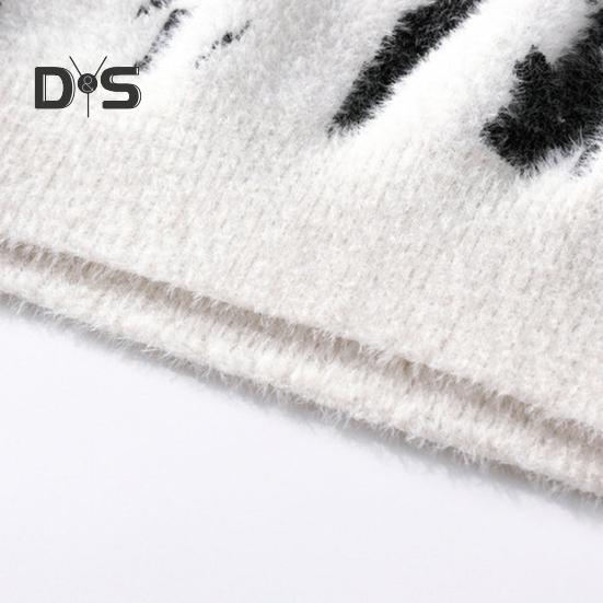 Men Winter Sweater Contrast Color Graffiti Thick Plush Half-high Collar Elastic Knit Long Sleeves Daily Wear School Dating Sweater