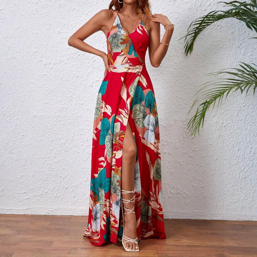 Damska Letnia Moda Bohemianska Spódnica w Kwiatowy Wzór z Rozcięciem Sukienka na Ramiączkach z Kurortu Nadmorskiego