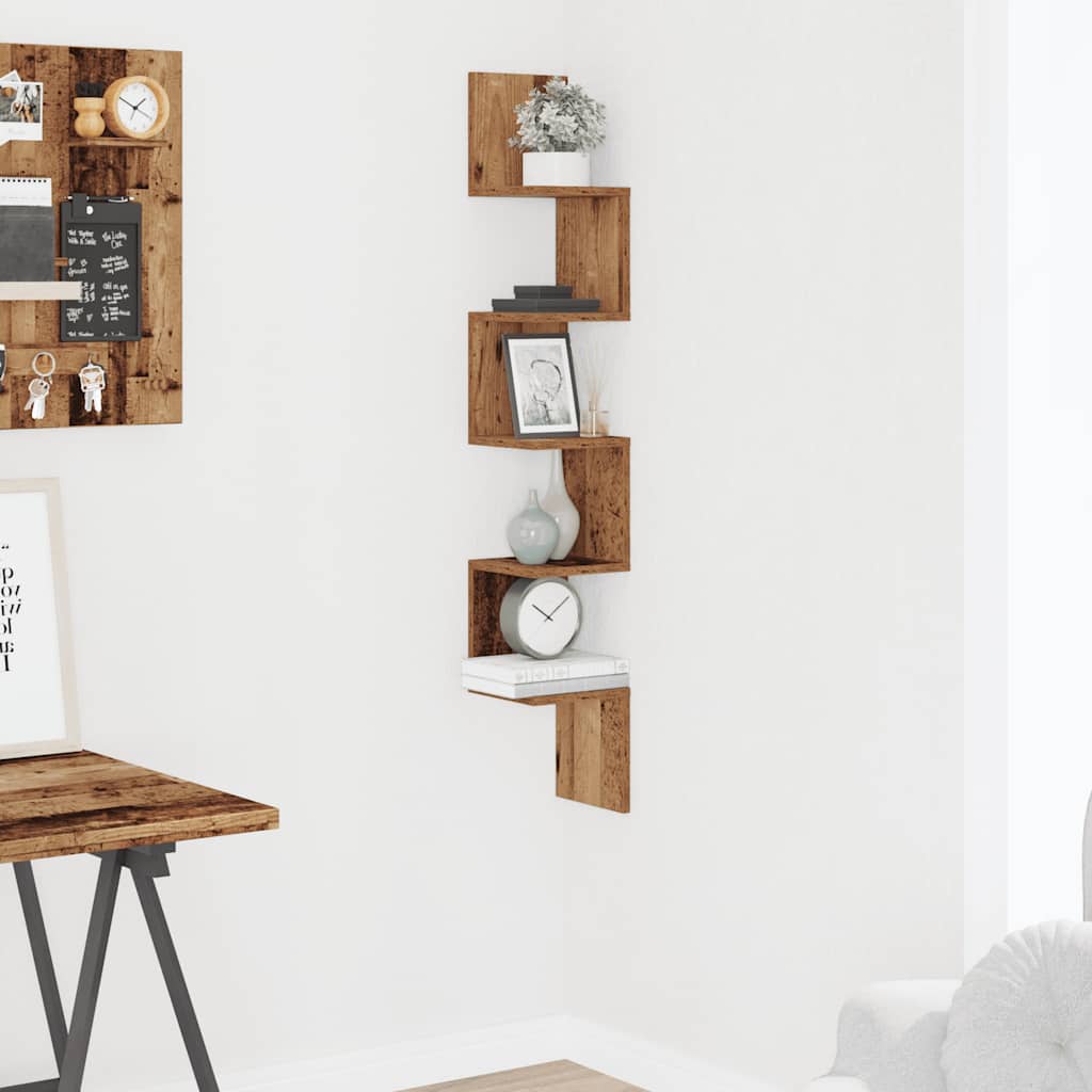 Creative design corner shelf, artistic wall mounted decorative storage rack, craft oak 20x20x127.5 cm material