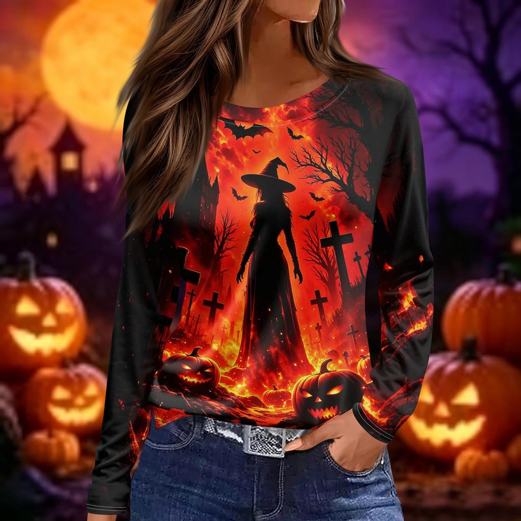 Women's Halloween Printed Long Sleeve Round Neck T-Shirt