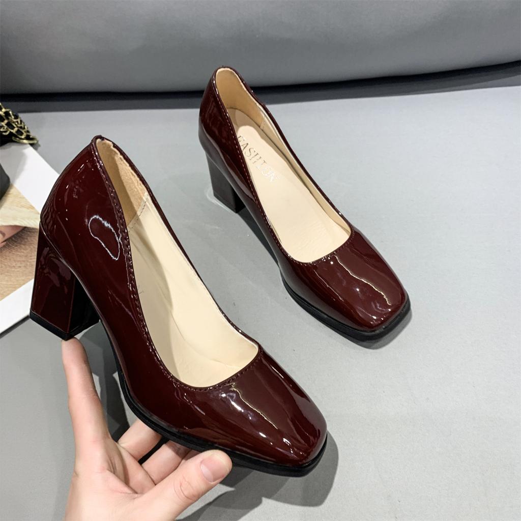 New Wine Red Chunky Heels Pumps Women Shoes Casual 2.95Inch Square High Heels Ladies Wedding Party Super Plus Size 43