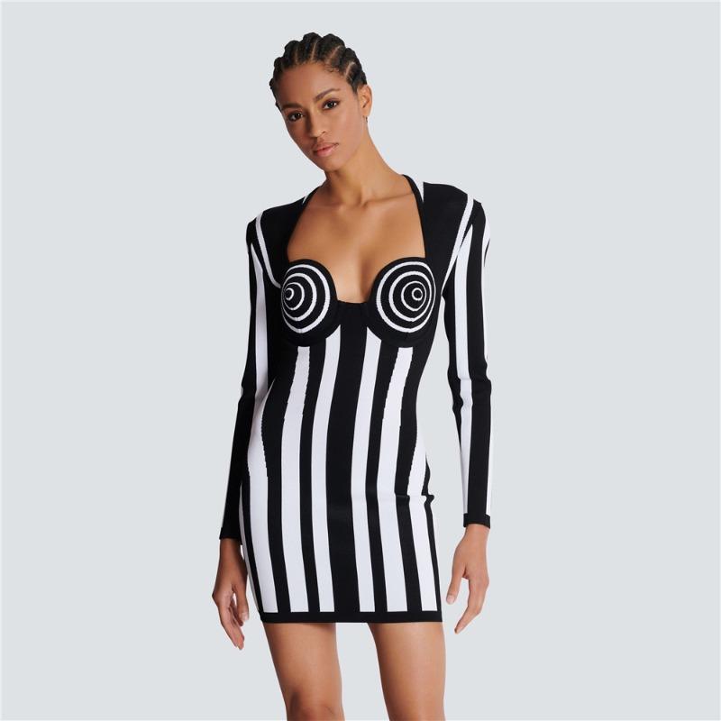 New black and white vertical striped bandage dress high street elegant fashion design party dress dress