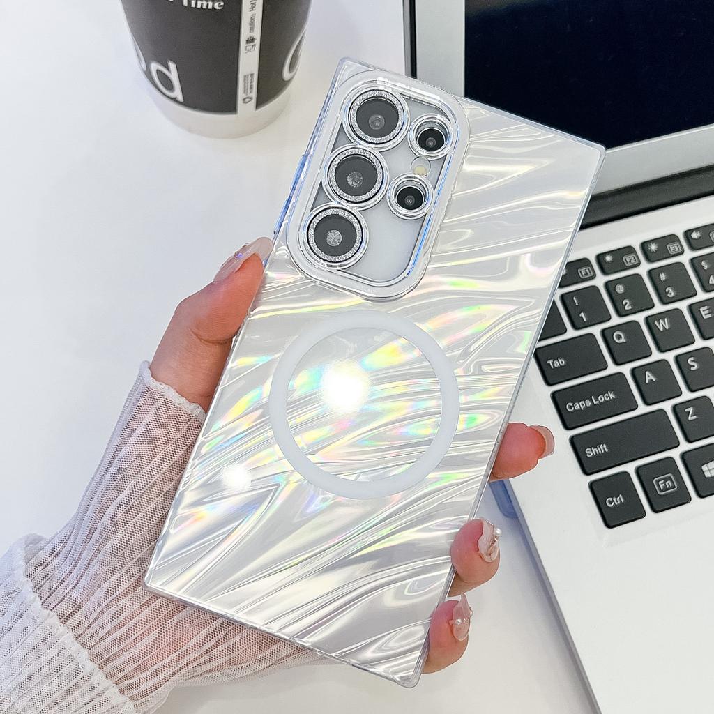 Laser Magnetic Suction Suitable for Samsung S25 Ultra Mobile Phone Case S24 Shell Pattern A56 Electroplated Flash Powder Lens Film