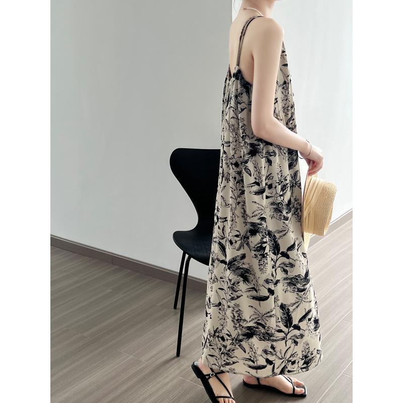 Ink Print V-neck Halter Dress Summer Lazy Style Long Floral Dresses