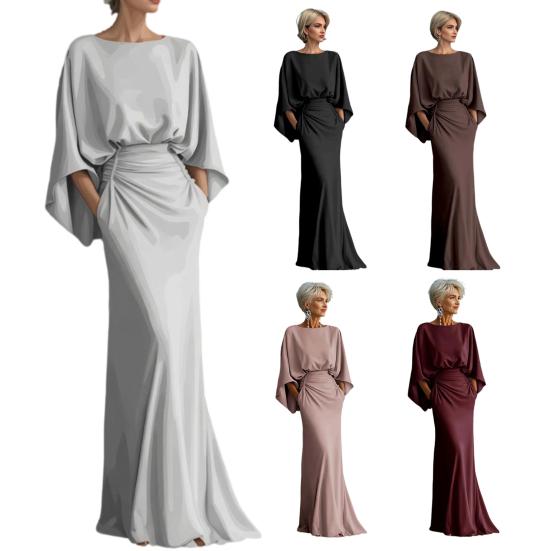 Dames Geplooide Bootnek Bruiloftsgast Jurk, Backless Vleermuis 3/4 Mouw Bodycon Lange Jurk, Formele Feest Cocktail Prom Jurk