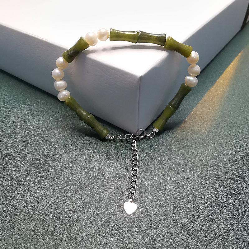 Women's Olive Jade Bamboo Joint Bracelet: Chinese S925 Silver, Natural Pearl, Retro, Versatile Style.