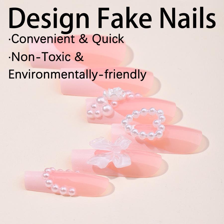 Popular Press-on Nails: French Style with Heart-shaped Pearls, 3D Bowknot, Manicure Nails