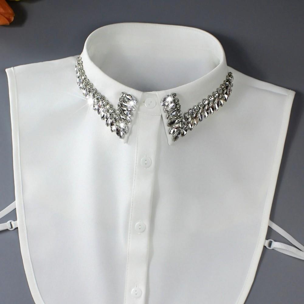 White Chiffon Fake Collar Handmade Beaded Decoration Lapel Style Detachable Collar Rhinestone Decoration Button Detail