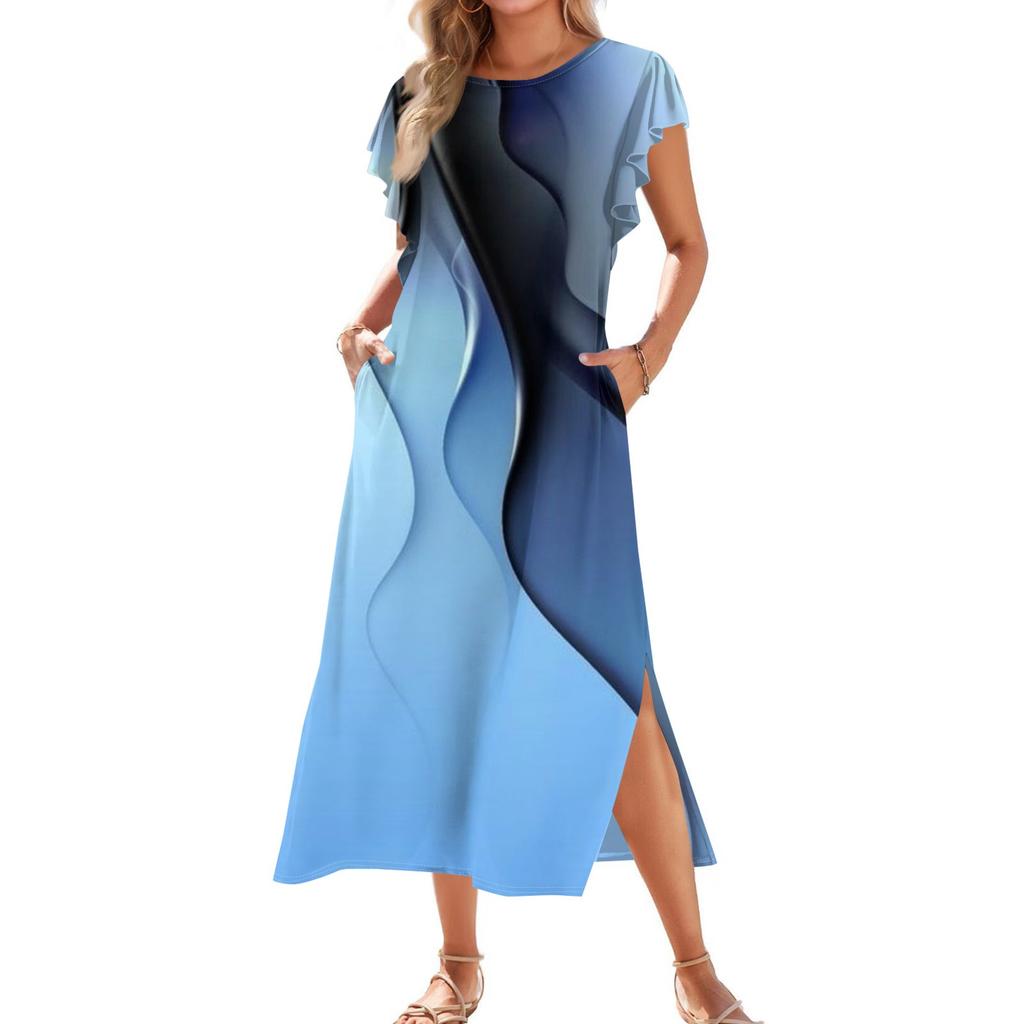 Ladies' Fashionable Summer Casual Pleated Sleeves, Loose Color Block Patchwork Printed Short-sleeved Round Tie Pocket Beach Dress