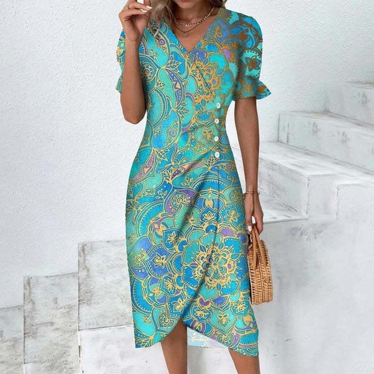 Women Summer V Neck Bubble Sleeve Geometric Print Wrap Midi Dress Irregular Hem Elegant Casual Party Dress