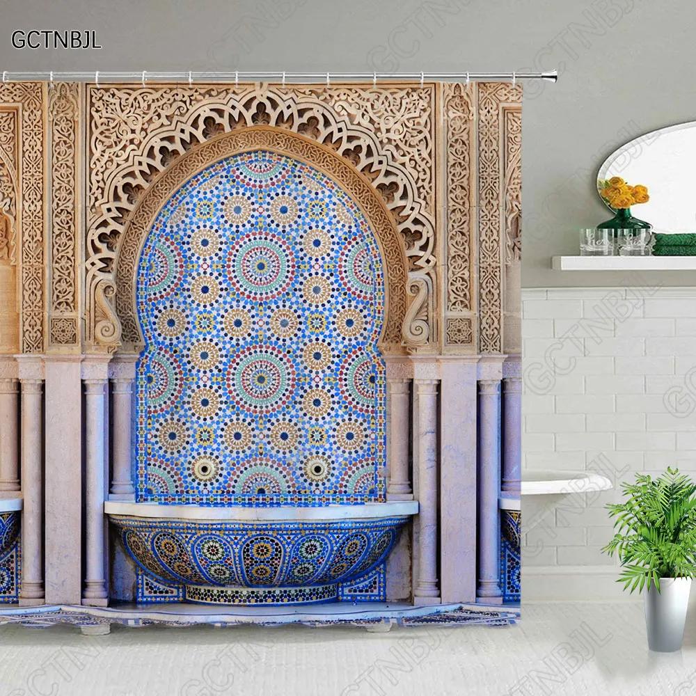 Moroccan Yellow Antique Arched Doors Shower Curtains Old Vintage Wooden Door Bathroom Waterproof Fabric Bath Curtains With Hooks