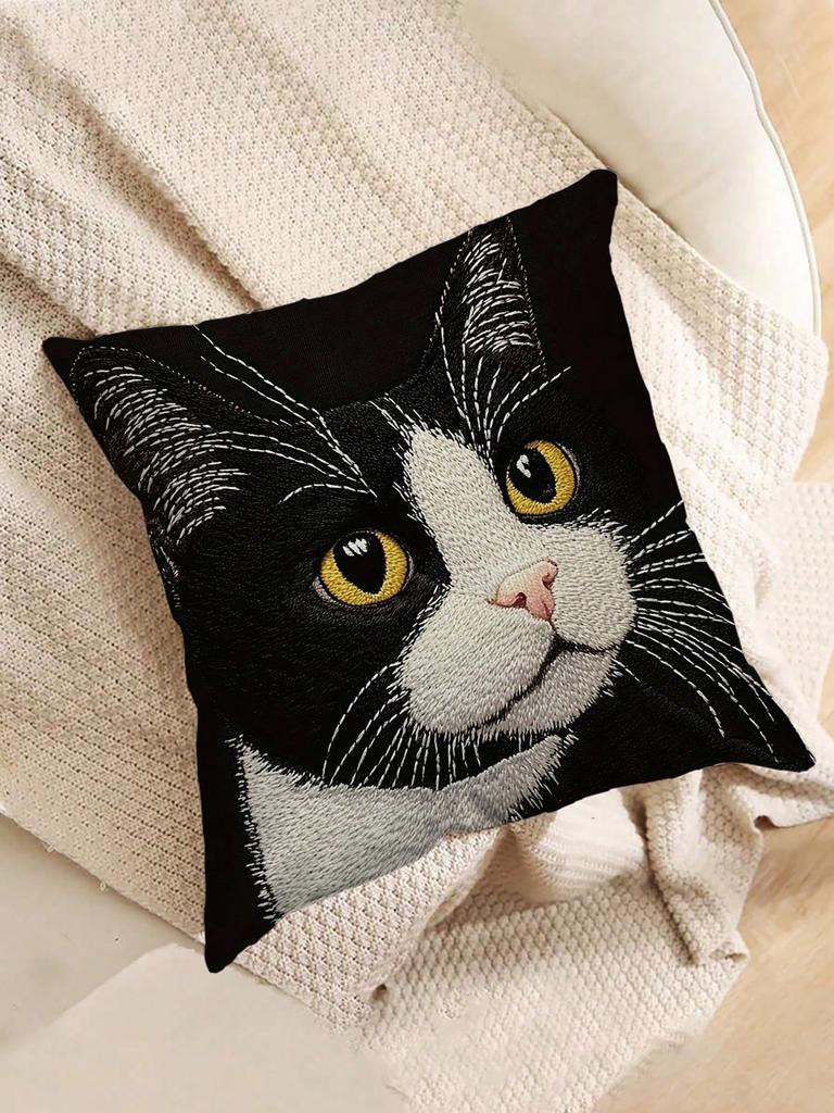 1Pc Tuxedo Cat Pillow Cover, Polyester 2D Double-Sided Print, Soft Square Cushion Case For Sofa & Bedroom, Realistic Cat Pattern