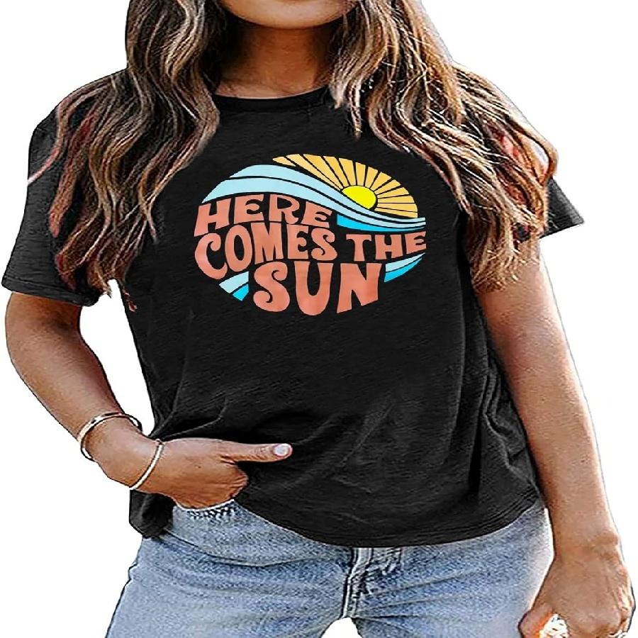 Here Come The Sun Shirt Women Summer Sunshine Print Beach Tops Vintage Vacation Short Sleeve T Shirt S