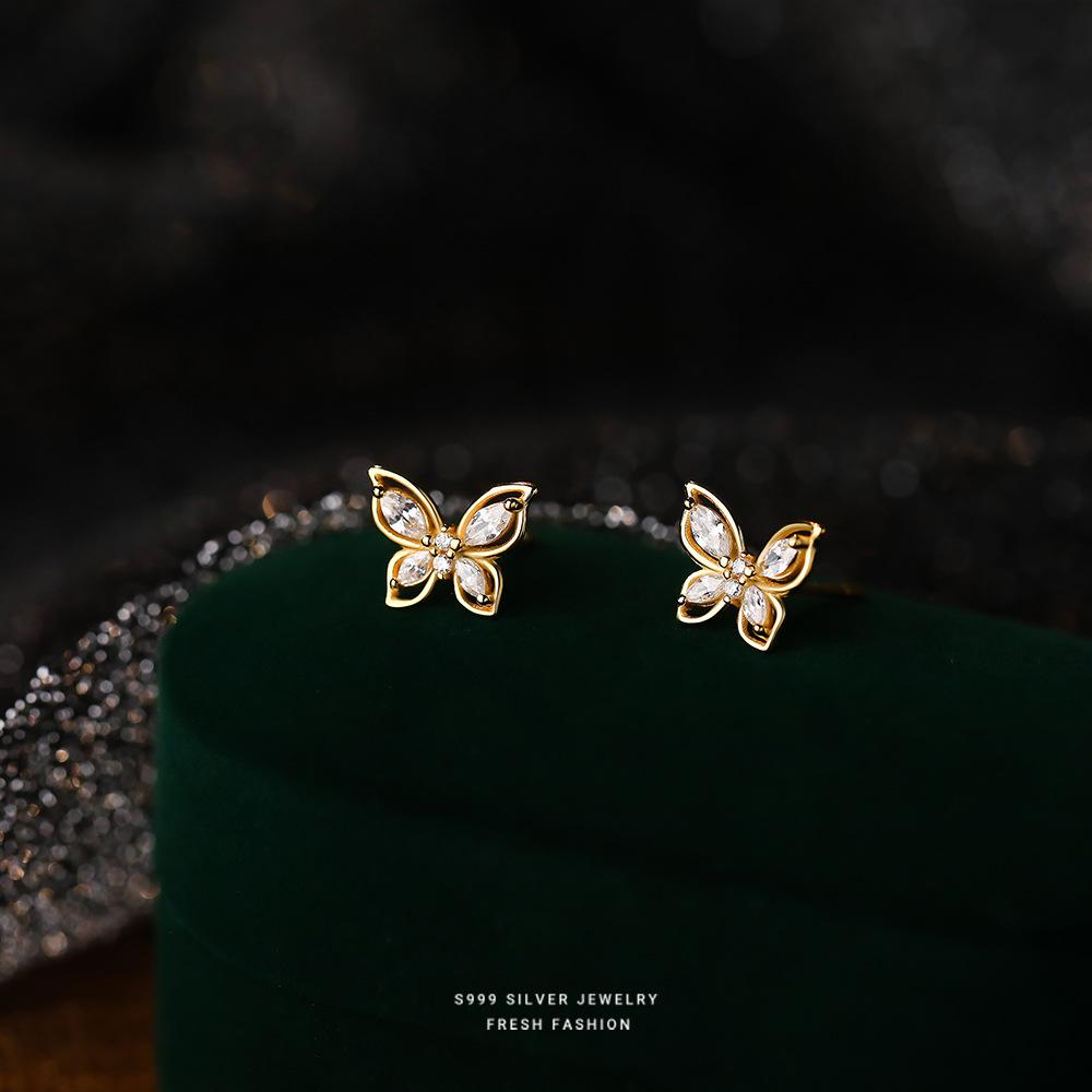 

Real 999 Sterling Silver Fashion Romantic Delicate Zircon Butterfly Stud Earrings For Women Wedding Fine Jewelry золотий