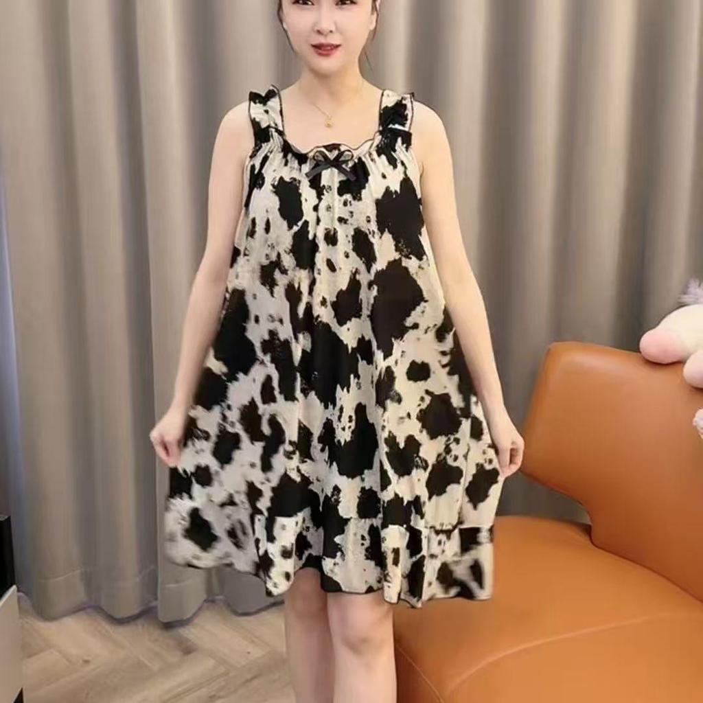 Women's Summer Ice Silk Mesh Sleeveless Nightgown with Suspender Straps