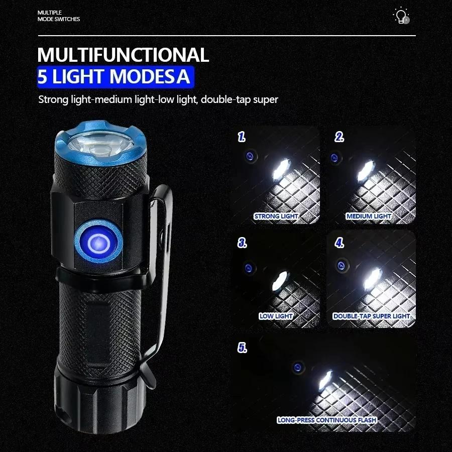 6500K Mini Flashlight High Bright P50 LED Palm Torch Type-C Usb Torch Light Child Lady Backpack Pocket Outdoor Home Work Lamp