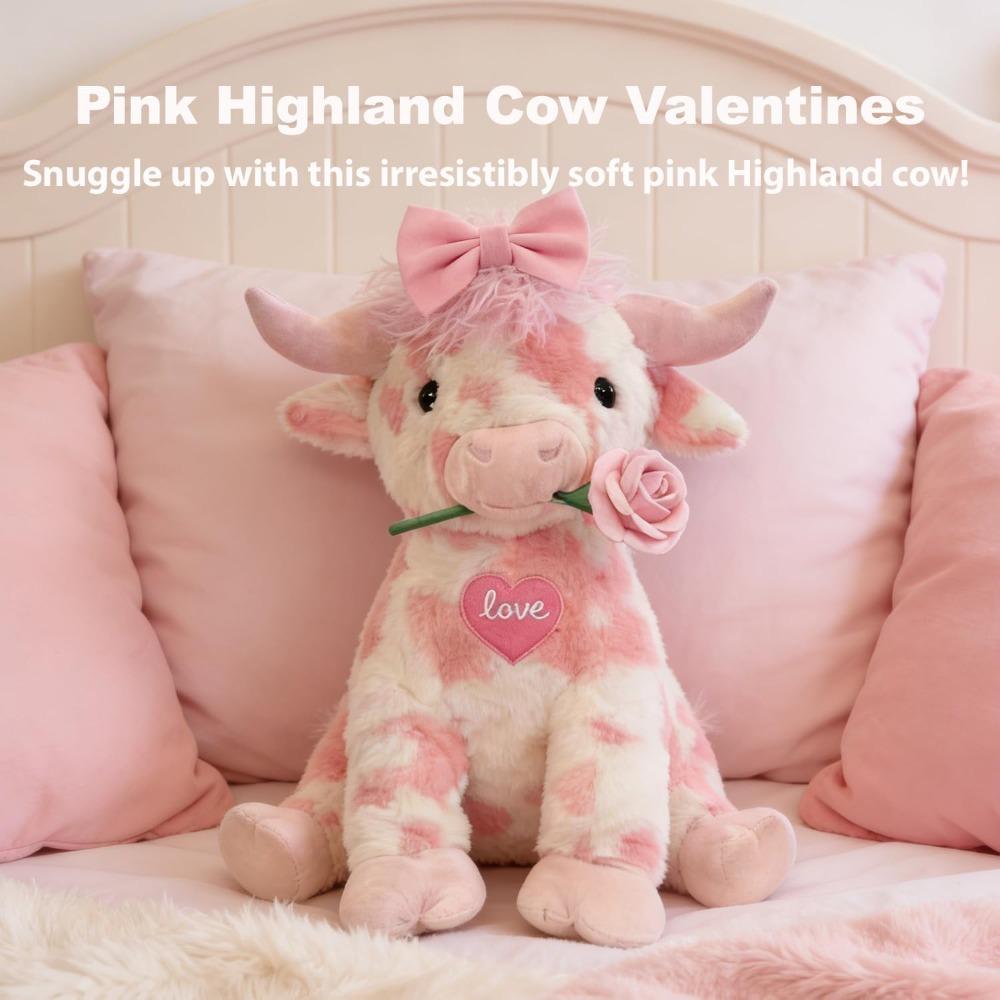 Pink Highland Cow Valentine's Day Gift, 2026 Upgraded Pink Highland Cow Plush Toy, 14-Inch Highland Cow Plush Toy