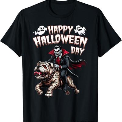 Dracula Riding a Mummy Bulldog Happy Halloween Animals Lover T-Shirt