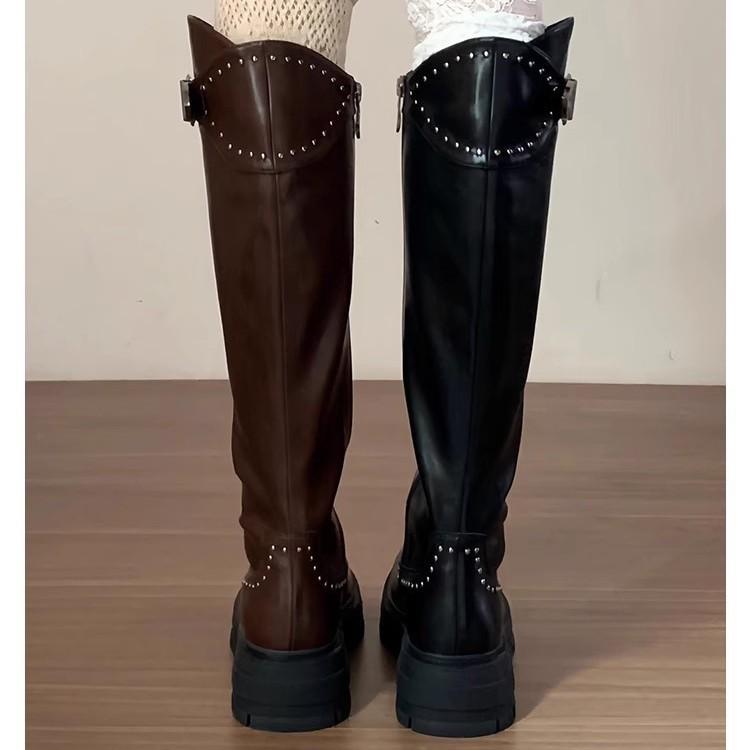 This Year's Popular Rivet Autumn and Winter Knee Boots Women's Tall Western Boots Thick Soles
