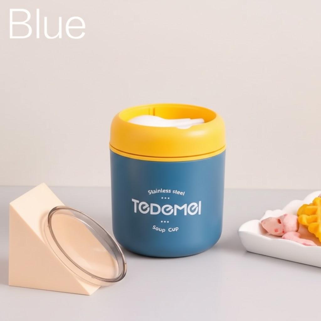 

530ml 304 Stainless Steel Insulated Soup Mug with Lid Spoon Portable Travel Kitchen Utensil синій