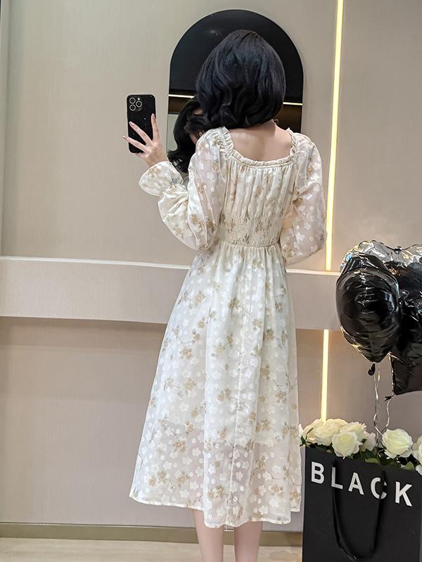 French Ruffle Lotus Sleeve Floral Midi Dress - One-Shoulder, Two-Way Jacquard Print