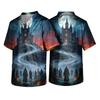 Men's Halloween Print V-Neck Scrub Top with Pocket Short Sleeve Uniform Shirt